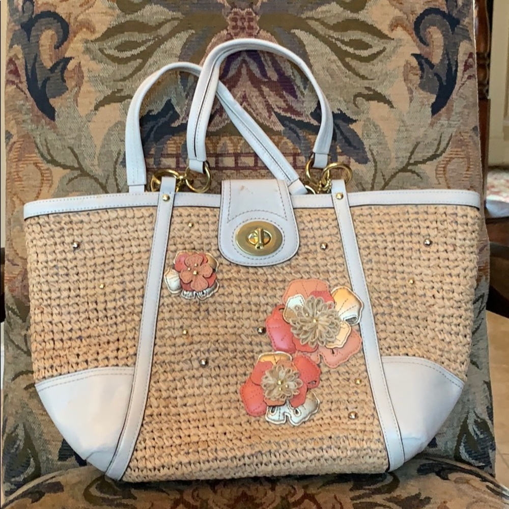 Leather and Straw Coach Tote
